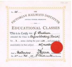 Document - BADHAM COLLECTION: THE VICTORIAN RAILWAYS INSTITUTE CERTIFICATE