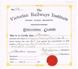 Document - BADHAM COLLECTION: THE VICTORIAN RAILWAYS INSTITUTE CERTIFICATE