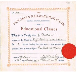 Document - BADHAM COLLECTION: THE VICTORIAN RAILWAYS INSTITUTE CERTIFICATE