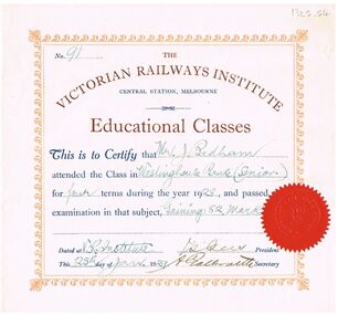 Document - BADHAM COLLECTION: THE VICTORIAN RAILWAYS INSTITUTE CERTIFICATE