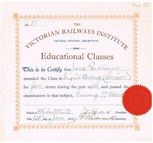 Document - BADHAM COLLECTION: THE VICTORIAN RAILWAYS INSTITUTE CERTIFICATE