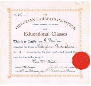 Document - BADHAM COLLECTION: THE VICTORIAN RAILWAYS INSTITUTE CERTIFICATE