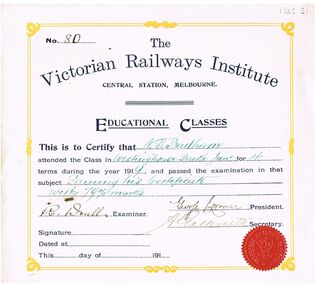 Document - BADHAM COLLECTION: THE VICTORIAN RAILWAYS INSTITUTE CERTIFICATE