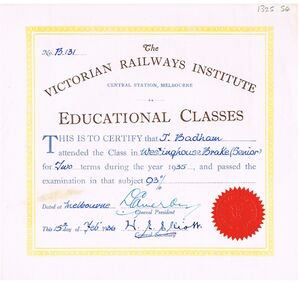 Document - BADHAM COLLECTION: THE VICTORIAN RAILWAYS INSTITUTE CERTIFICATE