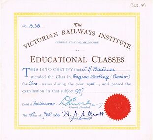 Document - BADHAM COLLECTION: THE VICTORIAN RAILWAYS INSTITUTE CERTIFICATE