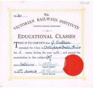 Document - BADHAM COLLECTION: THE VICTORIAN RAILWAYS INSTITUTE CERTIFICATE