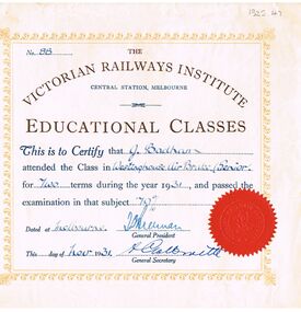 Document - BADHAM COLLECTION: THE VICTORIAN RAILWAYS INSTITUTE CERTIFICATE