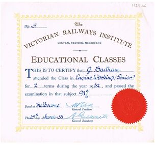 Document - BADHAM COLLECTION: THE VICTORIAN RAILWAYS INSTITUTE CERTIFICATE