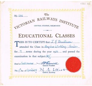 Document - BADHAM COLLECTION: THE VICTORIAN RAILWAYS INSTITUTE CERTIFICATE