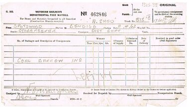 Document - BADHAM COLLECTION: VICTORIAN RAILWAYS DEPARTMENTAL FREE WAYBILL
