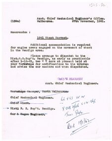 Document - BADHAM COLLECTION: VICTORIAN RAILWAYS MEMO RE 1961 WHEAT HARVEST