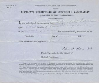 Document - CERTICATE OF VACCINATION, 1800's