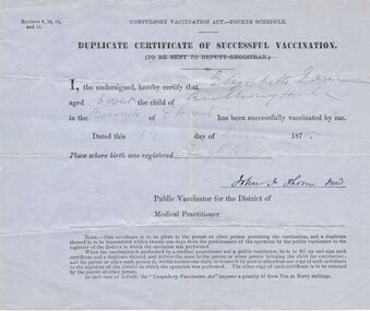 Document - CERTICATE OF VACCINATION, 1800's