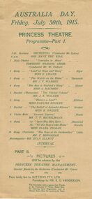 Document - ROYAL PRINCESS THEATRE COLLECTION: AUSTRALIA DAY 1915 PROGRAMME, 30 July 1915