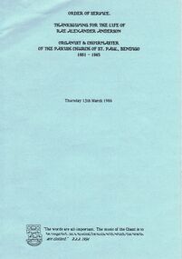 Document - ORDER OF SERVICE (FUNERAL) FOR RAE ALEXANDER ANDERSON, 13th March 1986