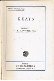 Book - ALEC H. CHISHOLM COLLECTION: BOOK ''KEATS''