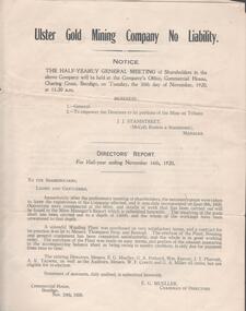 Document - ULSTER GOLD MINING COMPANY NO LIABILITY - ULSTER GOLD MINING CO N. L. DIRECTORS' REPORT 16/11/1920