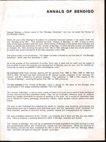 Document - SUBSCRIPTION FORM FOR: ''ANNALS OF BENDIGO''  GEORGE MCKAY