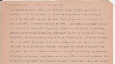 Document - NORMAN OLIVER COLLECTION: SPEECH NOTES. STATE ELECTION. 10 MAY 1955