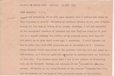 Document - NORMAN OLIVER COLLECTION: ADDRESS TO ROTARY CLUB BENDIGO 21 SEP 1954