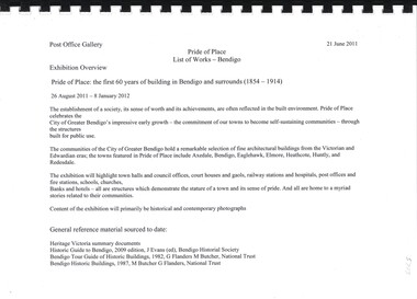 Book - POST OFICE GALLERY, PRIDE OF PLACE LIST OF WORKS - BENDIGO, 21 JUNE 2011, 2011