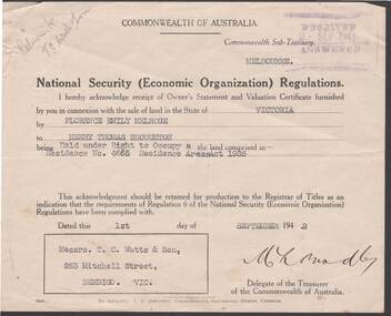 Document - DOCUMENT: RECEIPT OF OWNER'S STATEMENT AND VALUATION CERTIFICATE, 2nd September, 1943