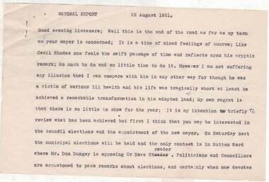 Document - NORMAN OLIVER COLLECTION: SPEECH NOTES 22 AUGUST 1951
