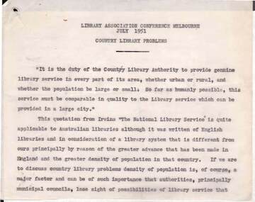 Document - NORMAN OLIVER COLLECTION: SPEECH NOTES, LIBRARY ASSOCIATION CONFERENCE, MELBOURNE JULY 1951