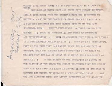 Document - NORMAN OLIVER COLLECTION: SPEECH NOTES - WAKOOL RSL, ANZAC DAY 1949