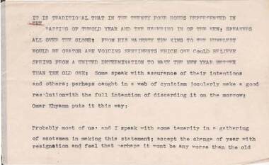Document - NORMAN OLIVER COLLECTION: NEW YEAR SPEECH NOTES 1951