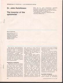 Document - ARTICLE: LIFE OF DR JOHN HUTCHINSON, 10th July 1981