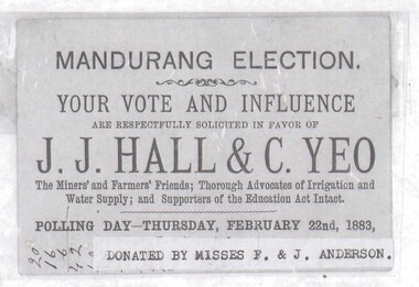 Document - VOTING CARD: RE J J HALL & C YEO, 22nd February, 1883