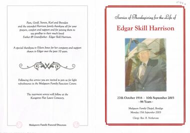 Document - SHEET FROM SERVICE OF THANKSGIVING: EDGAR SKILL HARRISON