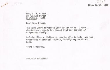 Document - CORRESPONDENCE: HARGREAVES (FAMILY)