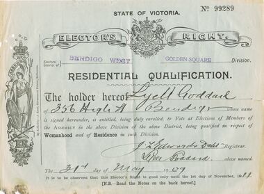 Document - 'ELECTOR'S RIGHT': CERTIFICATE OF RESIDENTIAL QUALIFICATION, 1909