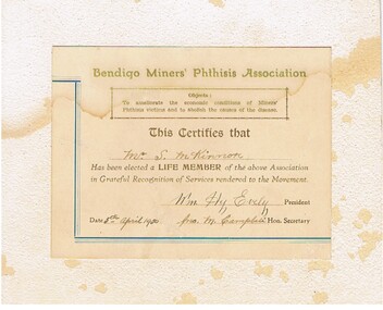 Document - FOSTER AND WILSON COLLECTION: BENDIGO MINERS' PHTHISIS ASSOCIATION CERTIFICATE, 5th April 1950