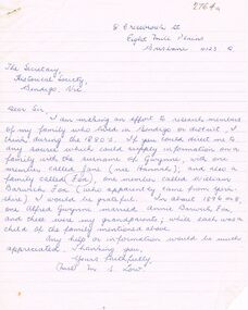 Document - LETTER TO BHS: GWYNNE AND FOX FAMILIES