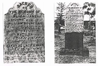 Document - COPIES OF PHOTOGRAPHS OF TOMBSTONE: ELIZA JANE (AND SARAH DE LACY EVANS)
