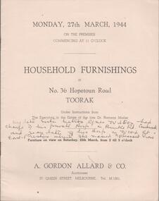 Document - AUCTION CATALOGUE - 36 HOPETOUN ROAD, TOORAK, 1944