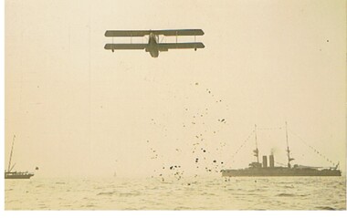 Postcard - BASIL WATSON COLLECTION:  BIPLANE FLYING OVER SHIP