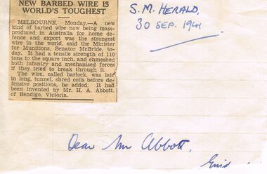 Newspaper - ABBOTT COLLECTION:  BARBLOK,BARBED WIRE, 30 September 1941