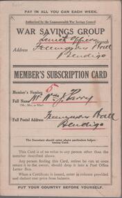 Document - COMMONWEALTH WAR SAVINGS COUNCIL - MEMBER'S SUBSCRIPTION CARD, 1917-1918