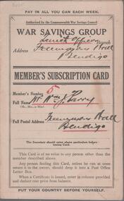 Document - COMMONWEALTH WAR SAVINGS COUNCIL - MEMBER'S SUBSCRIPTION CARD, 1917-1918