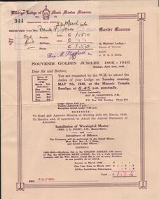 Document - F. G. JONES COLLECTION: JUBILEE INSTALLATION BENDIGO FREEMASONS, 1946