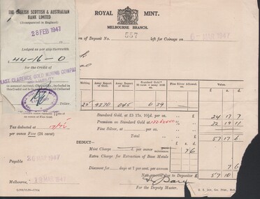 Document - MCCOLL, RANKIN AND STANISTREET COLLECTION: EAST CLARENCE GOLD MINING CO. - BANKING, 1941/47