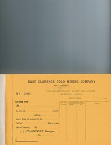 Document - MCCOLL, RANKIN AND STANISTREET COLLECTION: EAST CLARENCE GOLD MINING CO - RECEIPT BOOK
