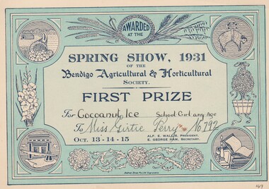 Document - GERTRUDE PERRY COLLECTION: BENDIGO AGRICULTURAL SHOW CERTIFICATE, 1931