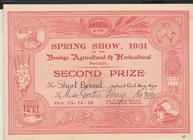 Document - GERTRUDE PERRY COLLECTION: BENDIGO AGRICULTURAL SHOW CERTIFICATE, 1931