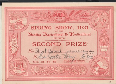 Document - GERTRUDE PERRY COLLECTION: BENDIGO AGRICULTURAL SHOW CERTIFICATE, 1931