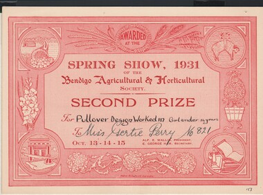 Document - GERTRUDE PERRY COLLECTION: BENDIGO AGRICULTURAL SHOW CERTIFICATE, 1931